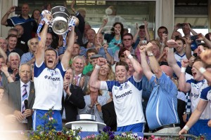 Eoin Lennon Monaghan Captain hoists the Anglo Celt Cup high as Monaghan win the Ulster SFC for the first time in 25 years.