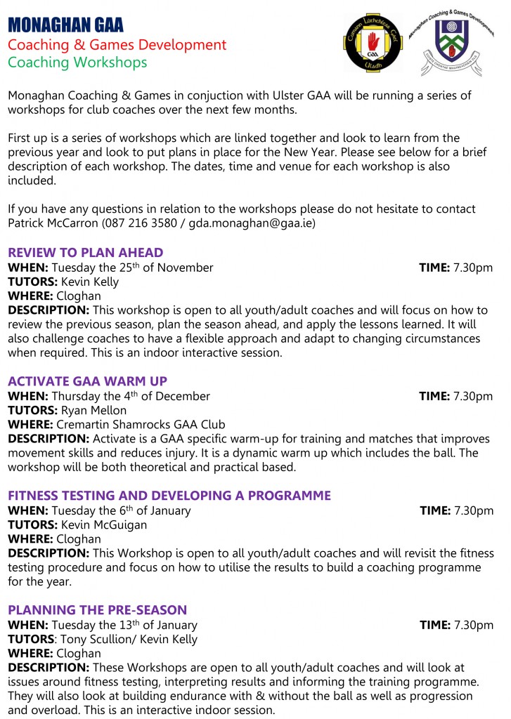 Coaching Workshops Poster December to January 2015
