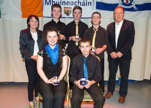 Pictured are the Drumhowan Music Group who took 1st. place at Scór na nÓg with Pauline Rooney and Seamus McElwain. They are Tomasina McGinnity, Conor Quinn, Stephen McMahon, Colm McMahon and Finbar Brennan.