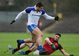 Drew Wylie and Peter Turley do battle in the Allianz Football League Div 1 Round 2 game.