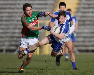 Karl O'Connell and Tom Parsons batlle in Clones, Monaghan v Mayo Allianz Football League Div 1 Round 4, 06-03-2016