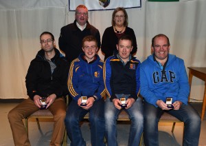 Pictured are the Drumhowan team who won the Questiontime at Scór Sinsir - Anthony Brennan, Patrick Duffy, Aiden Doherty and Noel Duffy with Brendan McNally and Breda McCooey. ©Northern Standard