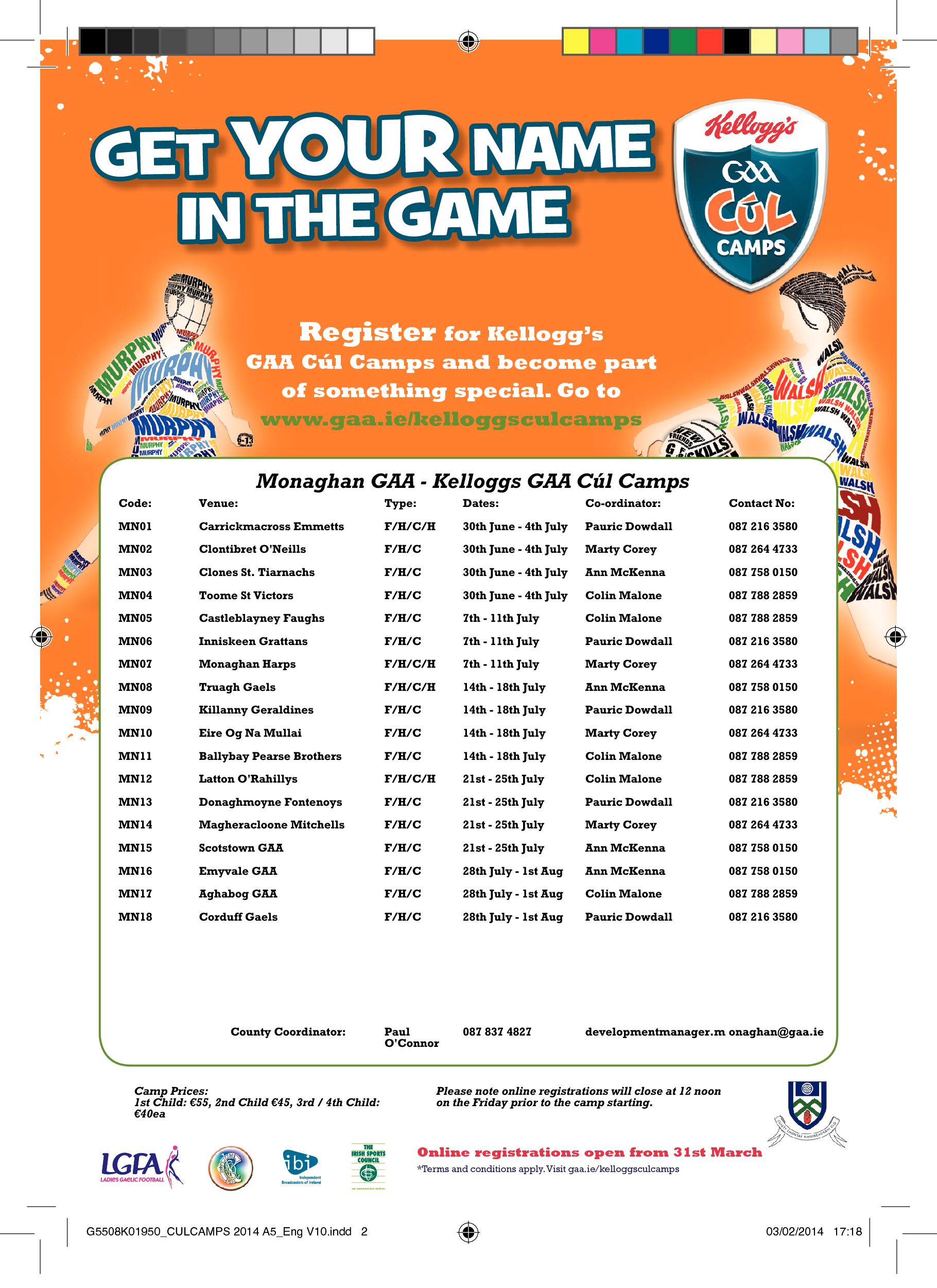 Kellogg’s Cúl Camps 2014 – GET YOUR NAME IN THE GAME!