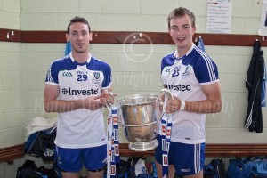 Stephen Smith and jack Mc Carron with the Anglo Celt Cup in he dressing room last Sunday