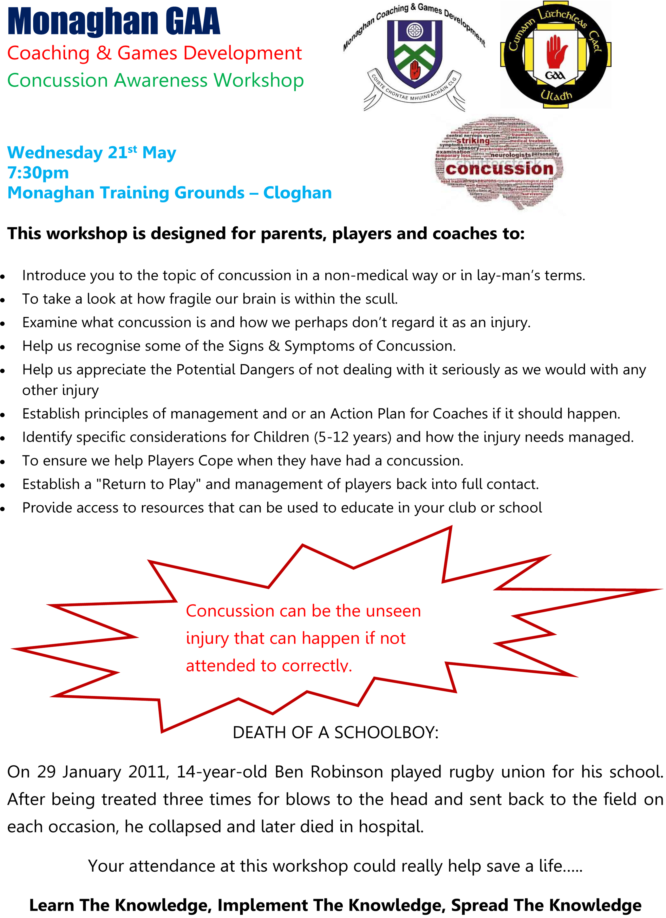 Concussion Awareness Workshop on Wed 21st May in Cloghan @ 7:30pm