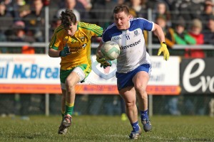 Dermot Malone takes the direct route towards the Donegal goal.