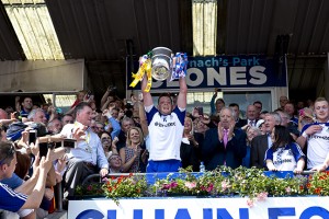 Conor McManus Monaghan Captain raises the Anglo Celt Cup.