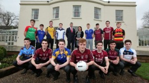 Press Eye - Belfast - Northern Ireland - 14th December 2015 Danske Bank Ulster CollegesÕ All Stars launch.   Matthew McGleenan, Chairman of Ulster Colleges GAA and Brenda Kerr, Danske Bank with the Football All Stars. Picture by Kelvin Boyes  / Press Eye.