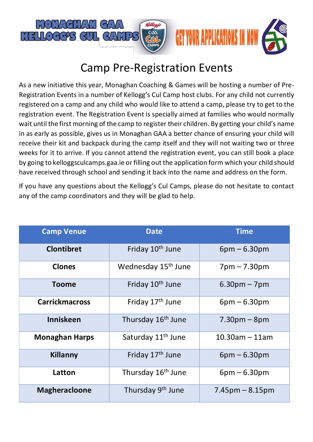 Magheracloone Kellogg’s Cul Camp – Pre Registration Thursday Night