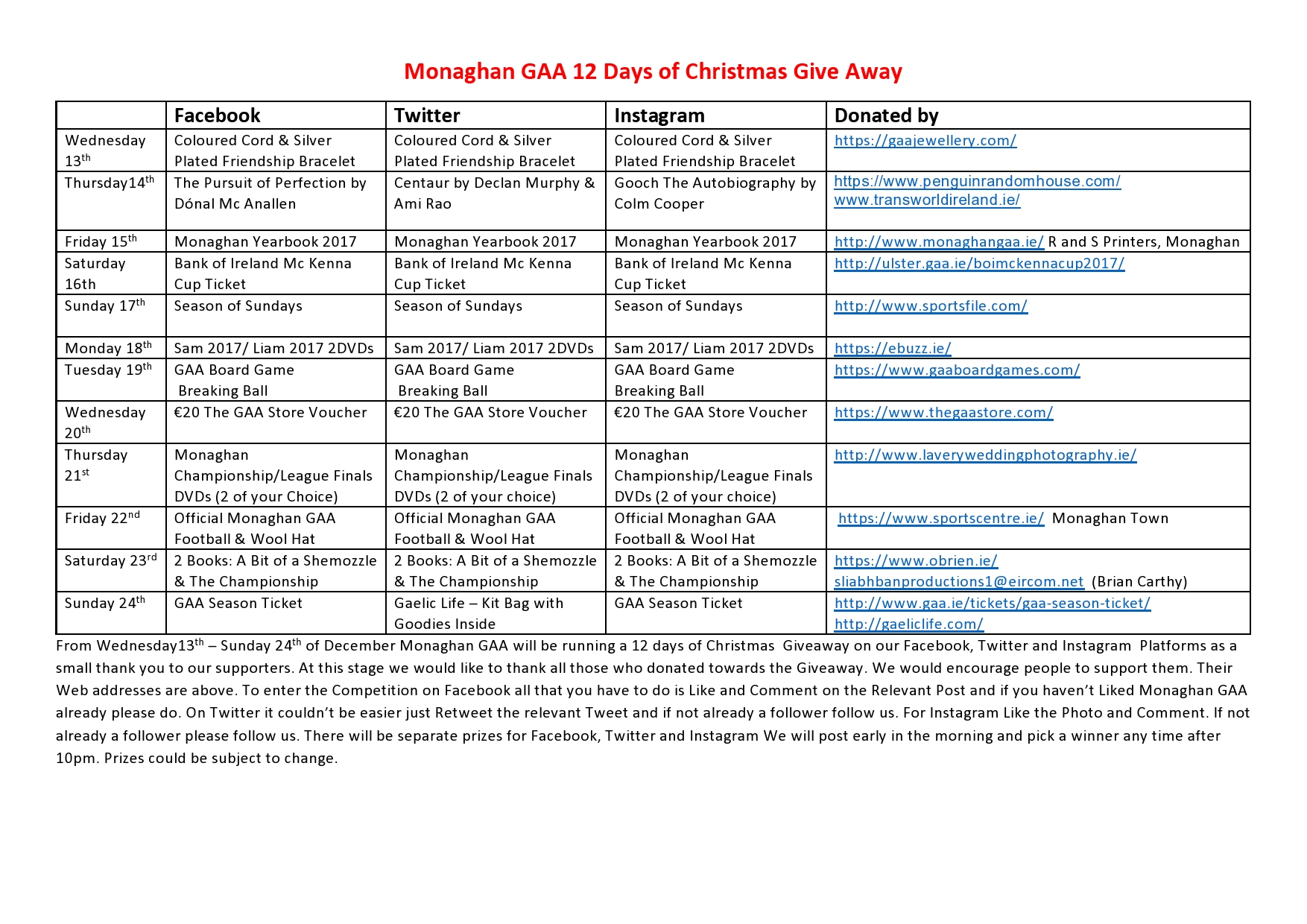 Monaghan GAA 12 Days of Christmas Giveaway 2017