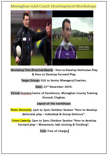 Reminder Monaghan GAA Coach Development Workshop Takes Place This Saturday 23rd of November!