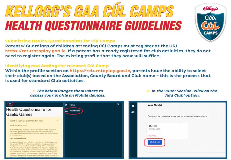 Kelloggs GAA Cul Camps Health Questionnaire Guidelines