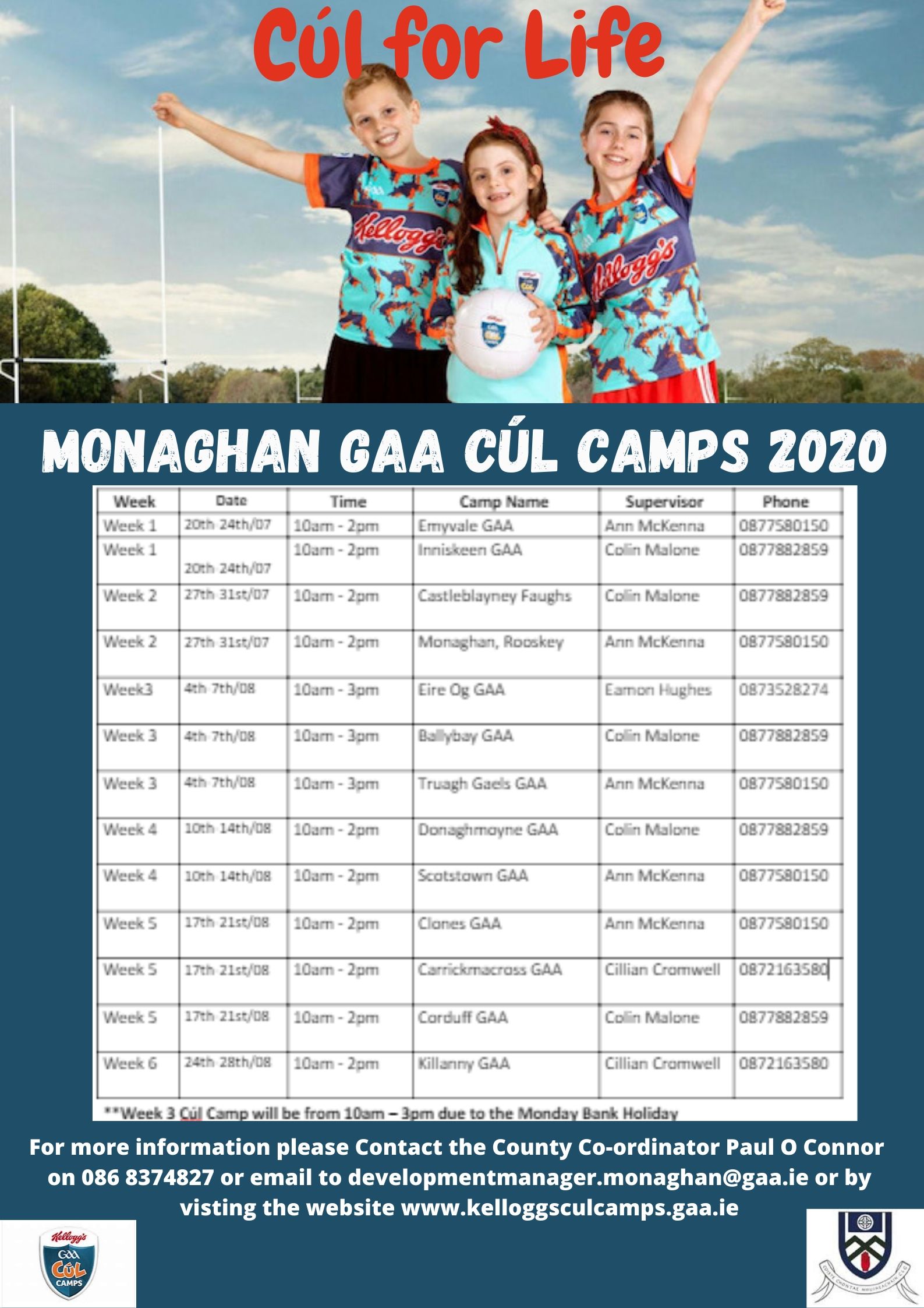 Advice for Parents / Guardians Children due to attend Monaghan Kelloggs Cul Camps….