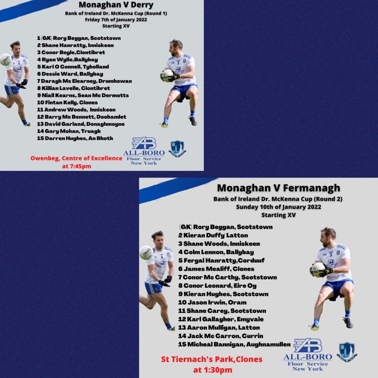 Monaghan GAA starting senior football teams announced for Bank of Ireland Dr McKenna Cup this weekend