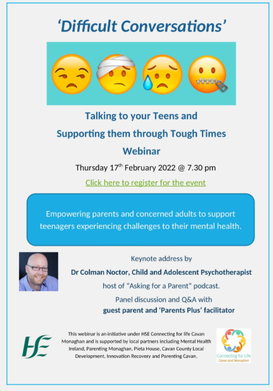 Invitation to Webinar – ‘Difficult Conversations’ Talking to your Teens – 17th February @ 7.30pm
