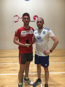 Monaghan's Terry McElvaney (R) pictured with 2022 Champion Conor McElduff (L) of Tyrone following their 2022 Men's Senior Ulster Wallball Championships Final