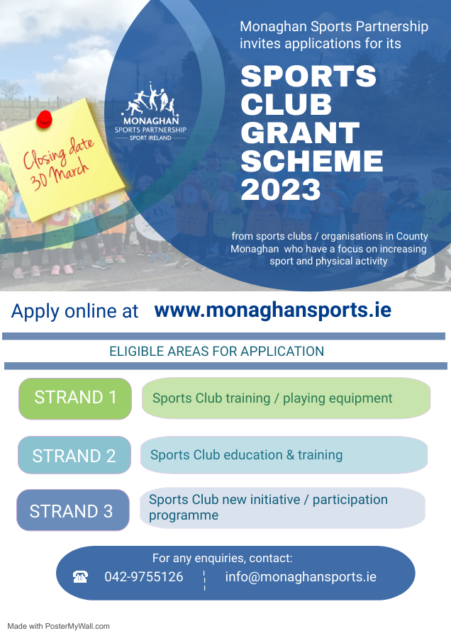 Reminder – Sports Clubs Grants Funding Scheme closing date is Thursday 30th March 2023.
